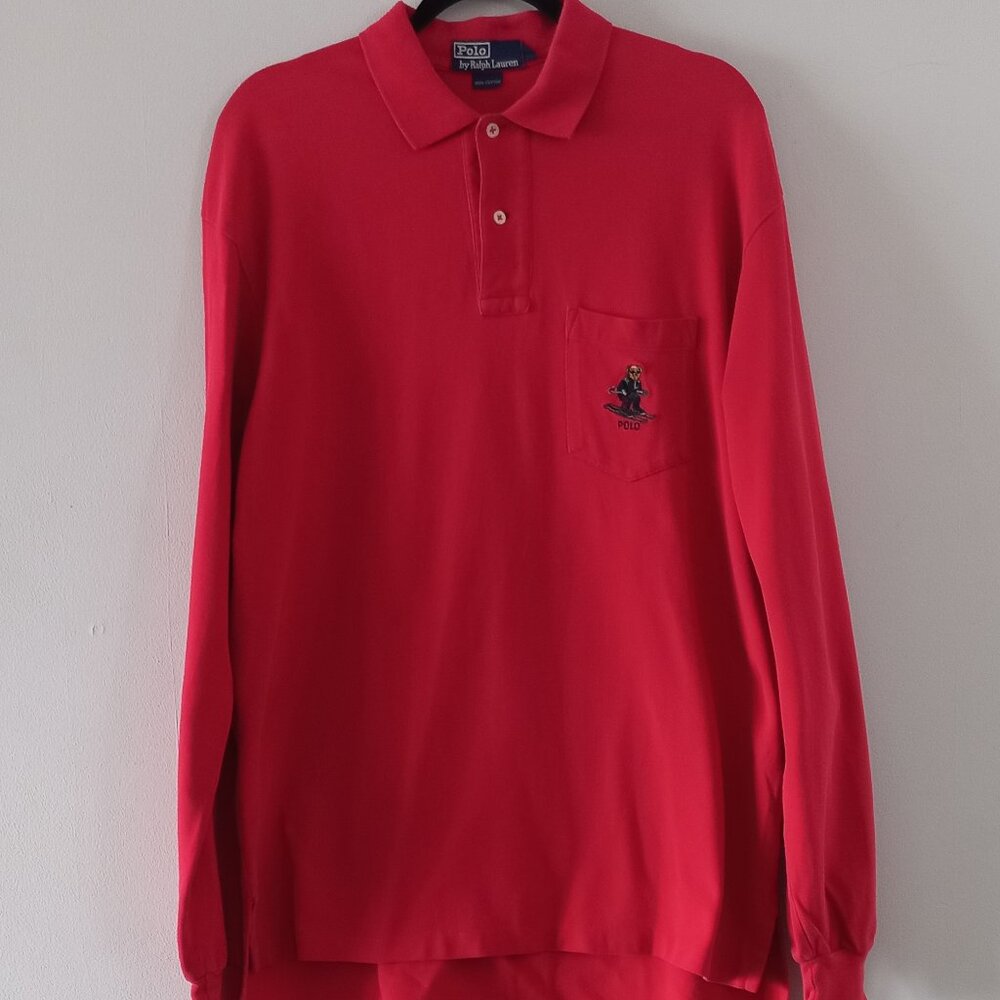POLO RALPH LAUREN embroidered bear red long sleeve polo oversized